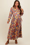 Orange Paisley Print Pleated Button Down Maternity Midi Dress