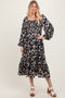 Black Floral Damask Print Smocked Midi Dress