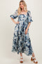 Navy Floral 3/4 Puff Sleeve Maxi Dress