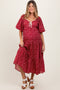 Red Floral Puff Sleeve Tiered Maternity Maxi Dress