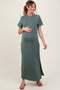 Light Olive Basic Side Slit Short Sleeve Maternity Midi Dress