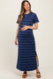 Navy Striped Short Sleeve Side Slit Maternity Midi Dress