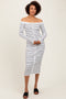 White Striped Ribbed Button Accent Off Shoulder Dress