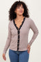 Mocha Striped Ribbed Long Sleeve Lace Detail Button Down Cardigan