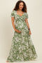 Green Tropical Print Smocked Front Tie Maternity Maxi Dress