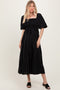 Black Linen Stripe Puff Sleeve Midi Dress