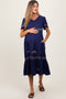 Navy Floral Lace Maternity Midi Dress