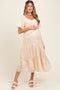Beige Floral Embroidered Chiffon Maternity Midi Dress