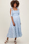 Light Blue Floral Striped Smocked Shoulder Tie Maternity Maxi Dress