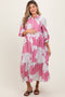 Pink Floral Print Cinched Tie Waist Maternity Shirt Dress