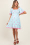 Blue Embroidered Detail Smocked Tie Back Maternity Dress