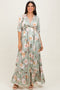 Sage Floral Print Elbow Sleeve V-Neck Tiered Maxi Dress