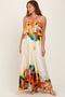 Orange Abstrast Print Strapless Flounce Maxi Dress