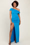 Turquoise Foldover Off Shoulder Ruched High Slit Maxi Dress