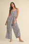 Navy Leaf Print Buckle Strap Wide Leg Jumpsuit