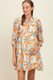 Orange Abstract Floral Front Tie 3/4 Sleeve Maternity Dress