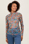 Blue Floral Mesh Long Sleeve Turtle Neck Top