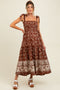 Brown Floral Smocked Shoulder Tie Maternity Maxi Dress