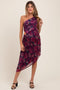 Magenta Floral One Shoulder Asymmetrical Maternity Midi Dress