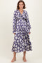 Navy Floral Tiered Ruched V-Neck Satin Maxi Dress