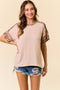 Beige Ribbed Animal Print Colorblock Short Sleeve Top