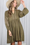 Olive Embroidered V-Neck Long Sleeve Dress