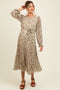 Cream Floral Chiffon Long Sleeve Pleated Maternity Midi Dress