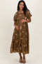 Mocha Floral Embroidered Puff Sleeve Maternity Midi Dress