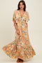 Salmon Floral Flyway Sleeve V-Neck Tiered Maxi Dress