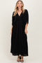 Black Pleated Satin Dolman Sleeve Maxi Dress