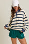Cream Striped Oversized Long Sleeve Polo Top