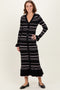 Black Striped Knit Ruffle Hem Button Down Midi Dress