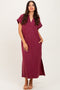 Burgundy Collared Short Sleeve Midi Dress