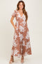 Mocha Floral Print Short Sleeve V-Neck Maxi Dress
