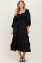 Black Satin Smocked Cinched Bust Midi Dress