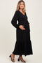 Black Elegant Long Sleeve Waist Tie Maternity Midi Dress