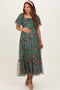 Forest Green Rose Print Tulle Overlay Maternity Midi Dress