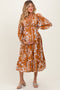 Camel Floral Twist Front Long Sleeve Maternity Midi Dress