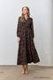 Black Floral Smocked Waist Long Sleeve Midi Dress