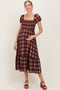 Burgundy Plaid Smocked Puff Sleeve Maternity Midi Dress