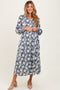 Navy Floral Button Down Long Sleeve Maternity Midi Dress