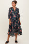 Black Floral Front Tie Tiered Maternity Midi Dress