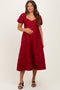 Red Floral Jacquard Puff Sleeve Maternity Midi Dress