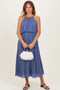 Light Navy Pleated Woven Midi Dress