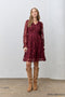 Burgundy Embroidered Lace Smocked Long Sleeve Dress