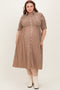 Mocha Gingham Smocked Button Down Maternity Plus Midi Dress
