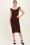 Brown Off Shoulder Ruched Mesh Midi Dress