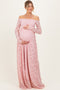 Light Pink Floral Lace Long Sleeve Off Shoulder Maternity Maxi Dress