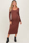 Brown Scoop Neck Long Sleeve Maternity Midi Dress