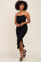 Black Mesh Ruched Cross Back Side Slit Midi Dress